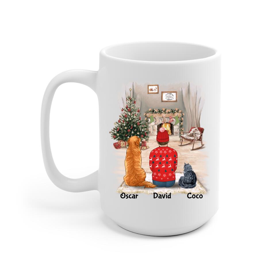 Man with Dogs and Cats Christmas Personalized Mug - Name, skin, hair, cat, dog, background, quote can be customized - Giftymize™️