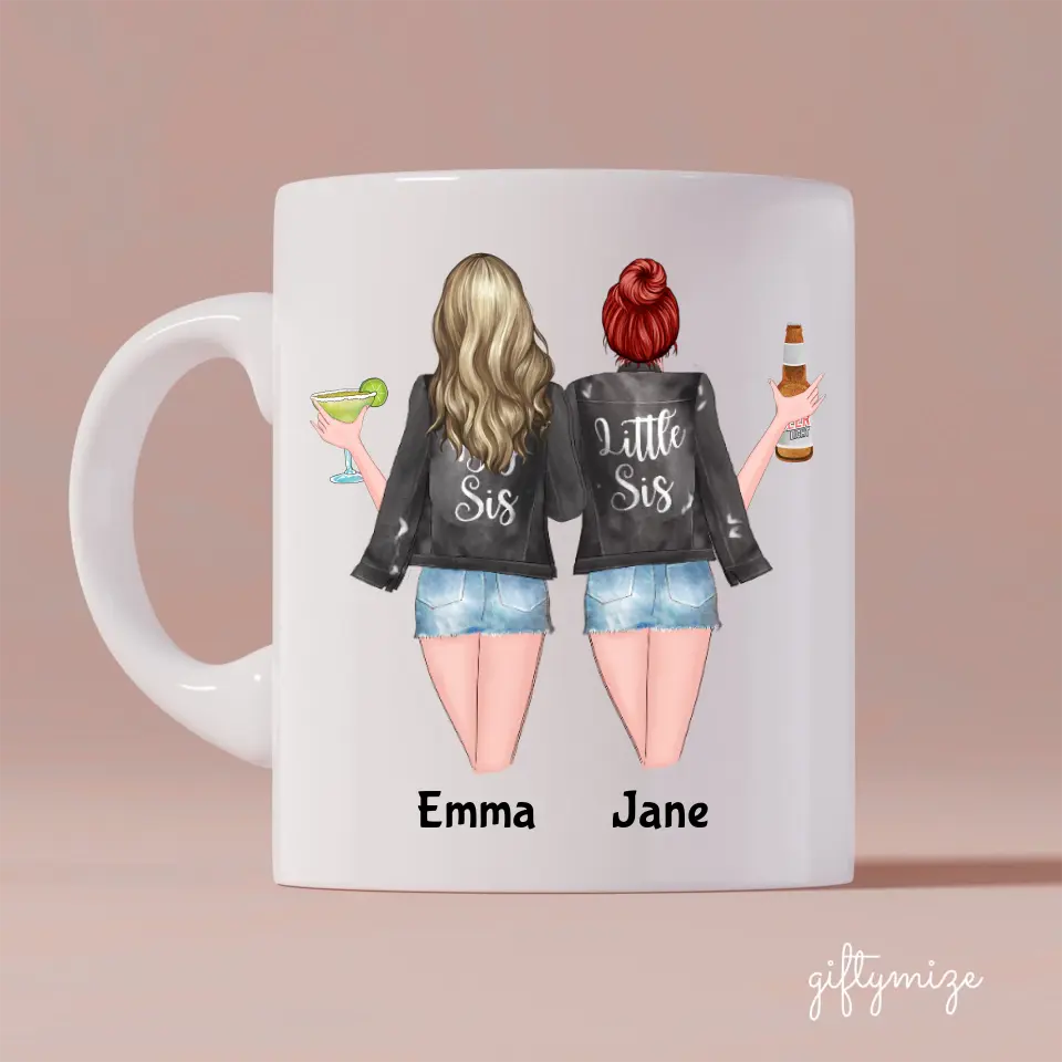 Sisters with Drinks Personalized Mug - Name, skin, hair, quote can be customized - Giftymize™️