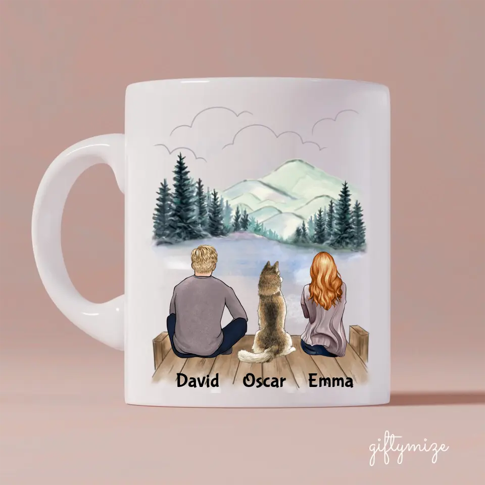 Man and Woman and Dogs Personalized Mug - Name, skin, hair, dog, background, quote can be customized - Giftymize™️