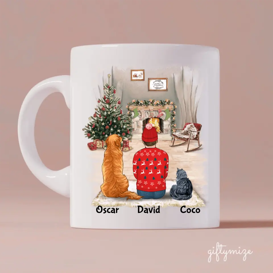Man with Dogs and Cats Christmas Personalized Mug - Name, skin, hair, cat, dog, background, quote can be customized - Giftymize™️