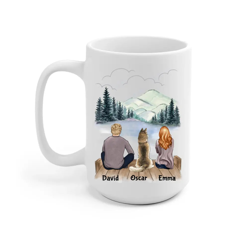 Man and Woman and Dogs Personalized Mug - Name, skin, hair, dog, background, quote can be customized - Giftymize™️