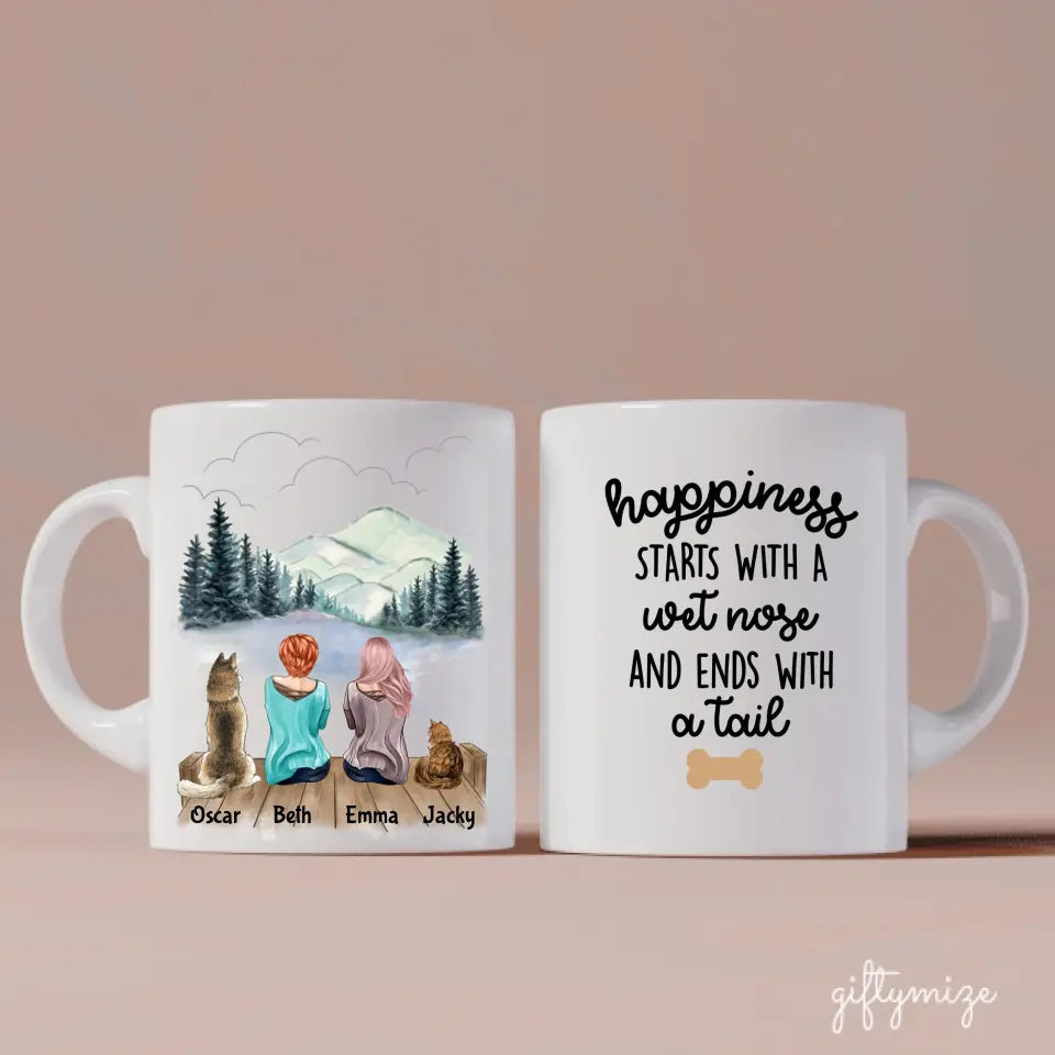 Female Couple With Beloved Dog & Cat Personalized Mug - Name, skin, hair, dog, cat, background, quote can be customized - Giftymize™️