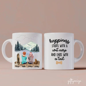 Female Couple With Beloved Dog & Cat Personalized Mug - Name, skin, hair, dog, cat, background, quote can be customized - Giftymize™️