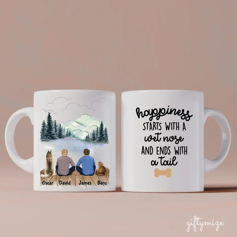 Male Couple With Beloved Dog & Cat Personalized Mug - Name, skin, hair, dog, cat, background, quote can be customized - Giftymize™️