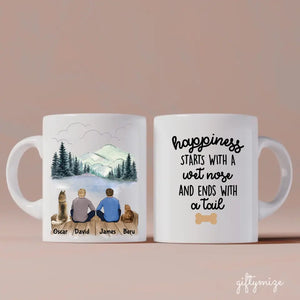 Male Couple With Beloved Dog & Cat Personalized Mug - Name, skin, hair, dog, cat, background, quote can be customized - Giftymize™️