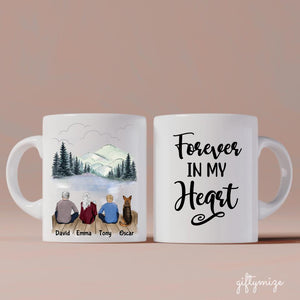 Father and Mother and Son with Dog Personalized Mug - Name, skin, hair, dog, quote, background can be customized - Giftymize™️