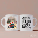 Man and Woman with Cats and Dogs Christmas Personalized Mug - Name, skin, hair, cat, dog, background, quote can be customized - Giftymize™️