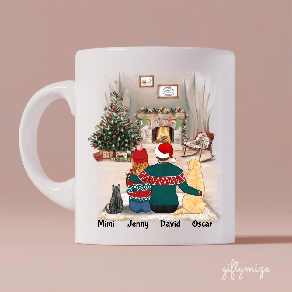 Man and Woman with Cats and Dogs Christmas Personalized Mug - Name, skin, hair, cat, dog, background, quote can be customized - Giftymize™️