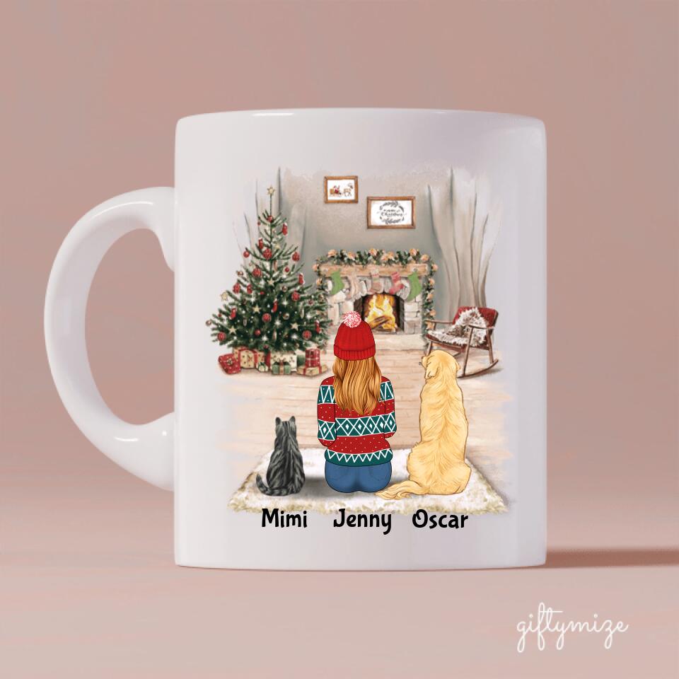 Girl with Cats and Dogs Christmas Personalized Mug - Name, skin, hair, cat, dog, background, quote can be customized - Giftymize™️