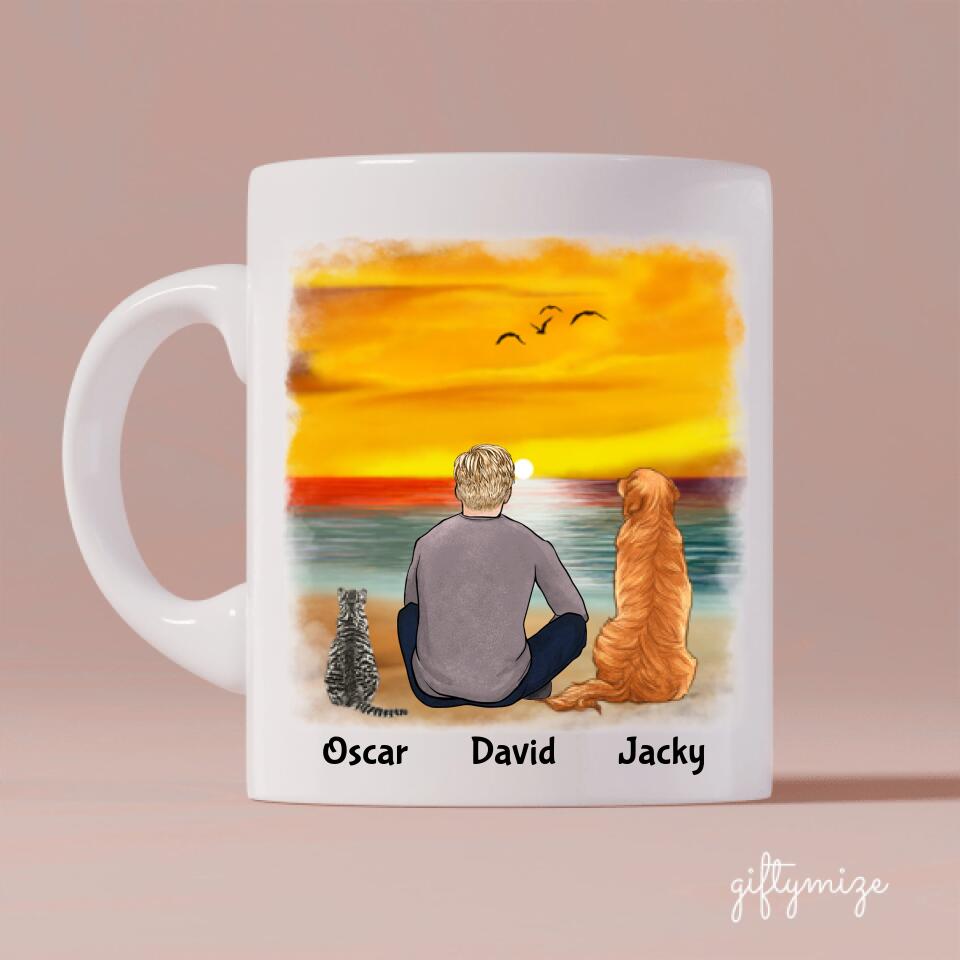 Man with Cats and Dogs on Beach Personalized Mug - Name, skin, hair, cat, background, quote can be customized - Giftymize™️
