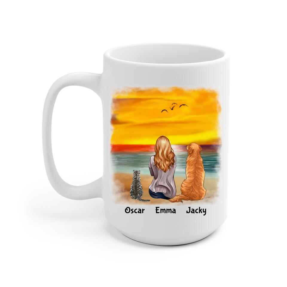 Girl with Cats And Dogs on Beach Personalized Mug - Name, skin, hair, cat, background, quote can be customized - Giftymize™️
