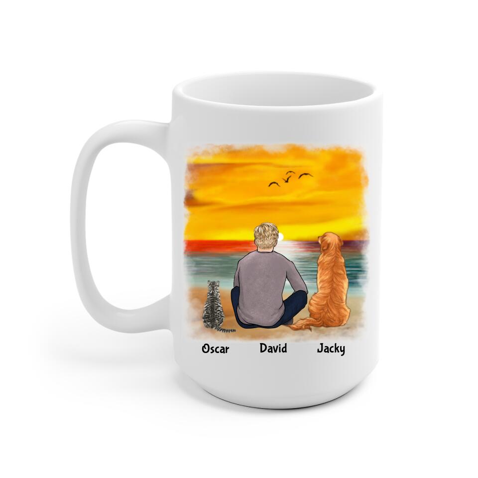 Man with Cats and Dogs on Beach Personalized Mug - Name, skin, hair, cat, background, quote can be customized - Giftymize™️