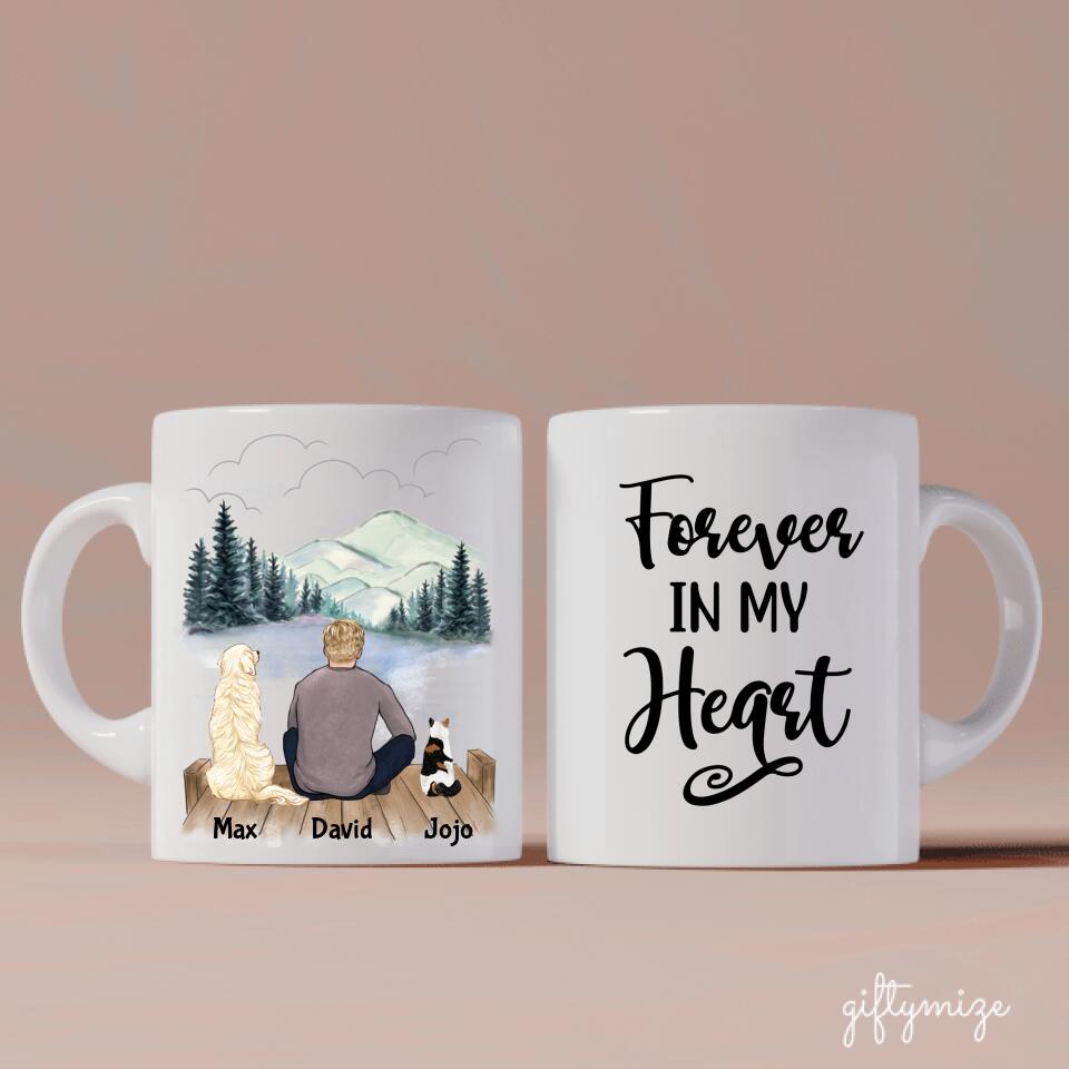 Man and Dogs + Cats Personalized Mug - Name, skin, hair, cat, background, quote can be customized - Giftymize™️