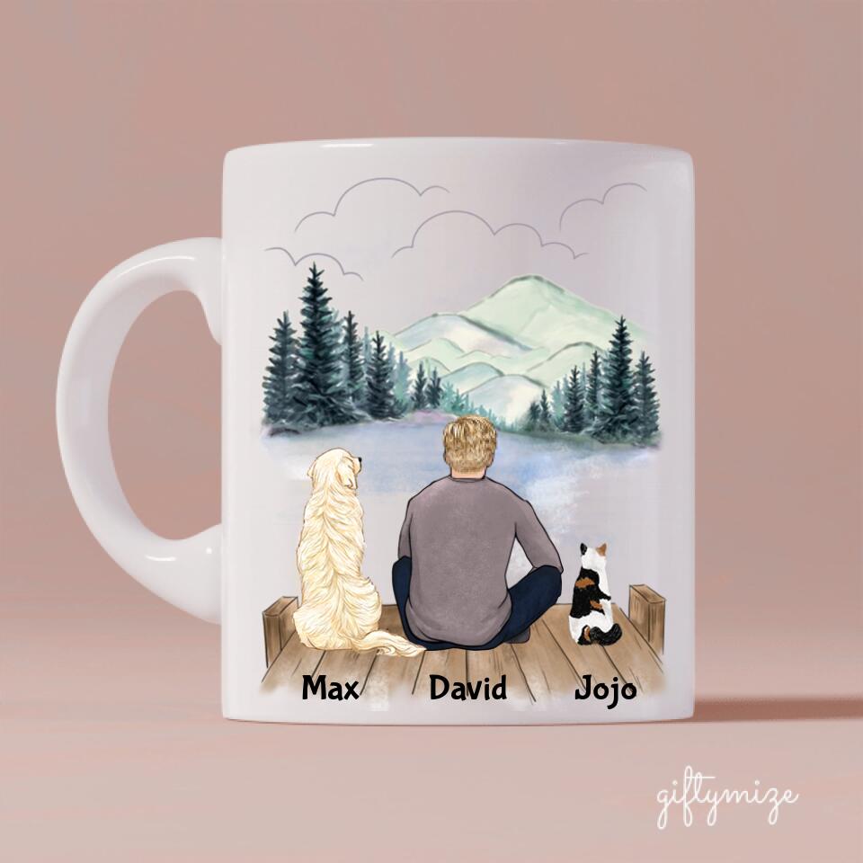 Man and Dogs + Cats Personalized Mug - Name, skin, hair, cat, background, quote can be customized - Giftymize™️