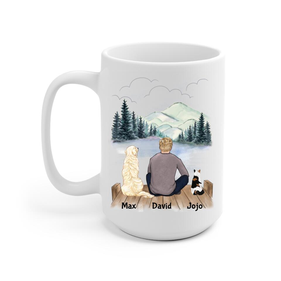Man and Dogs + Cats Personalized Mug - Name, skin, hair, cat, background, quote can be customized - Giftymize™️