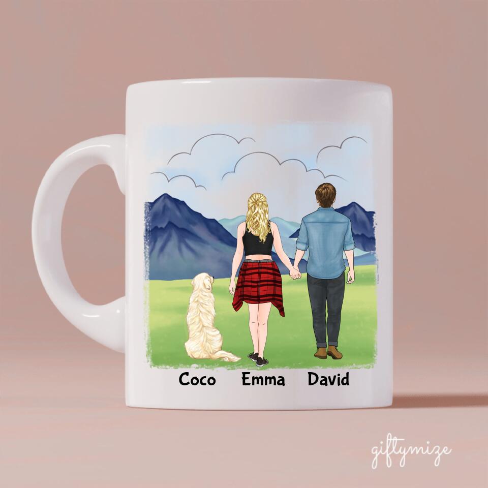 Travel Couple & Dogs Personalized Mug - Name, skin, hair, background, quote can be customized - Giftymize™️