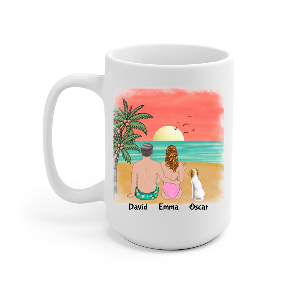 Beach Couple & Dogs Personalized Mug - Name, skin, hair, dog, background, quote can be customized - Giftymize™️