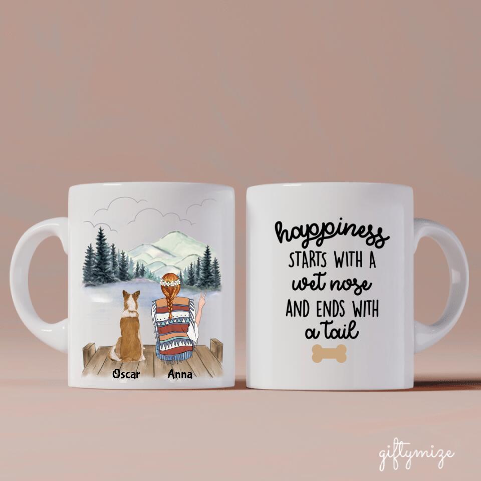 Hippie Girl and Dogs Personalized Mug - Name, skin, clothes, accessories, dog, name, quote, background can be changed - Giftymize™️