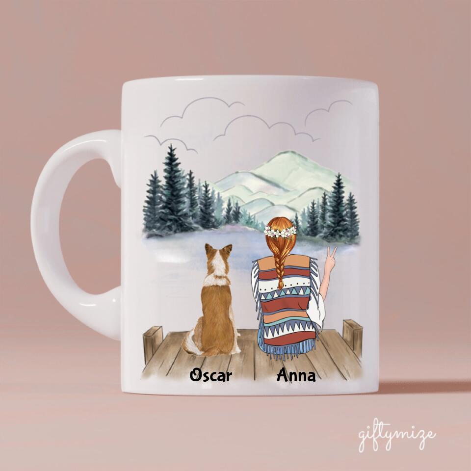 Hippie Girl and Dogs Personalized Mug - Name, skin, clothes, accessories, dog, name, quote, background can be changed - Giftymize™️