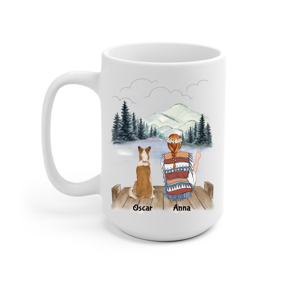 Hippie Girl and Dogs Personalized Mug - Name, skin, clothes, accessories, dog, name, quote, background can be changed - Giftymize™️