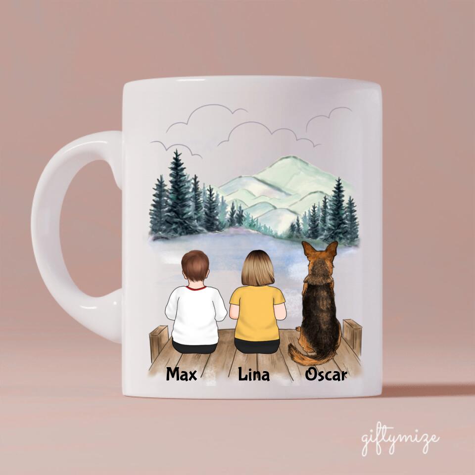Kids and Dogs Personalized Mug - Name, skin, hair, dog, quote, background can be customized - Giftymize™️