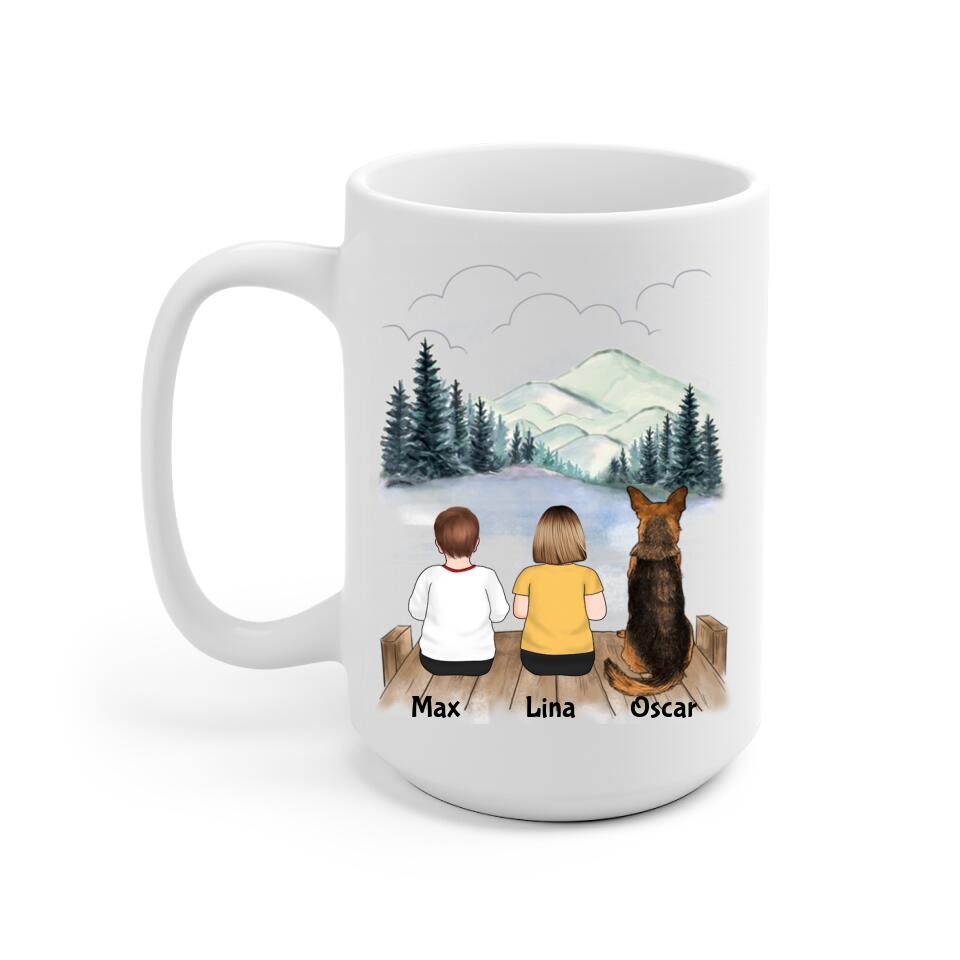Kids and Dogs Personalized Mug - Name, skin, hair, dog, quote, background can be customized - Giftymize™️