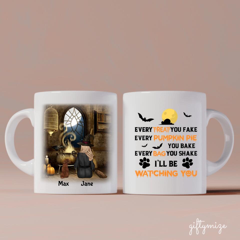 Halloween Girl and Dogs Personalized Mug - Name, skin, hair, dog, quote, background can be customized - Giftymize™️