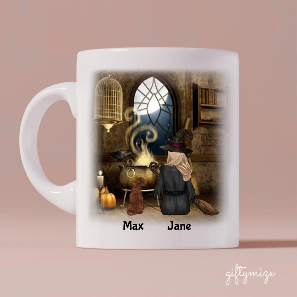 Halloween Girl and Dogs Personalized Mug - Name, skin, hair, dog, quote, background can be customized - Giftymize™️