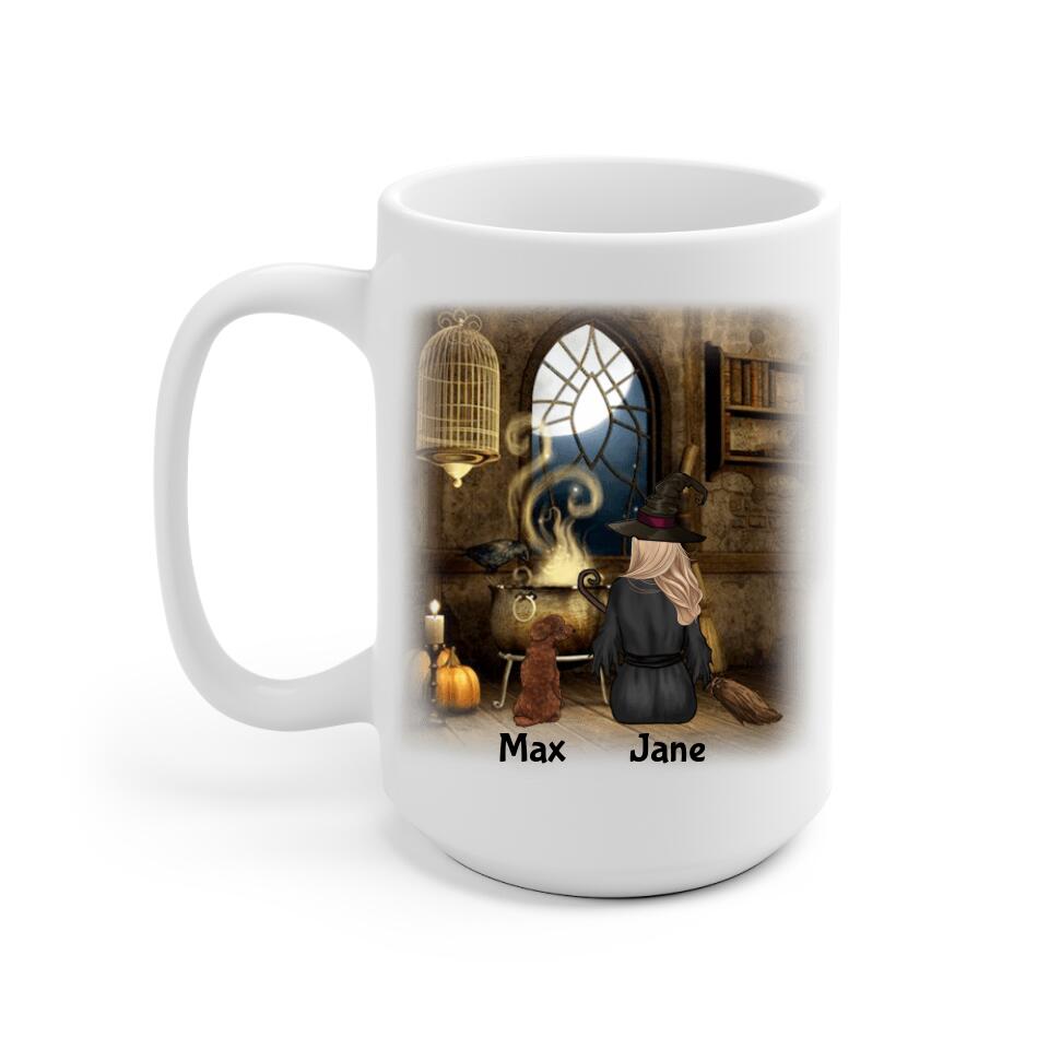 Halloween Girl and Dogs Personalized Mug - Name, skin, hair, dog, quote, background can be customized - Giftymize™️