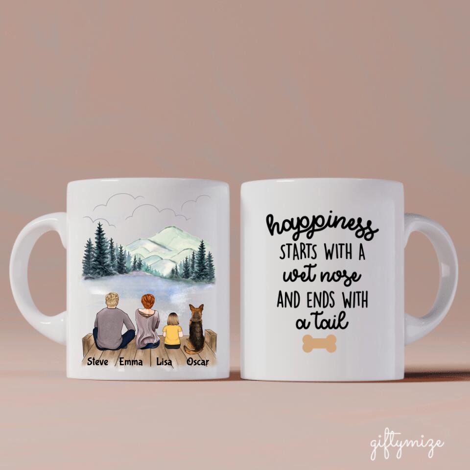 Parents and Little Daughter with Dogs Personalized Mug - Name, skin, hair, clothes, dog, background, and quote can be customized - Giftymize™️
