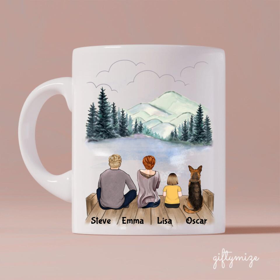Parents and Little Daughter with Dogs Personalized Mug - Name, skin, hair, clothes, dog, background, and quote can be customized - Giftymize™️
