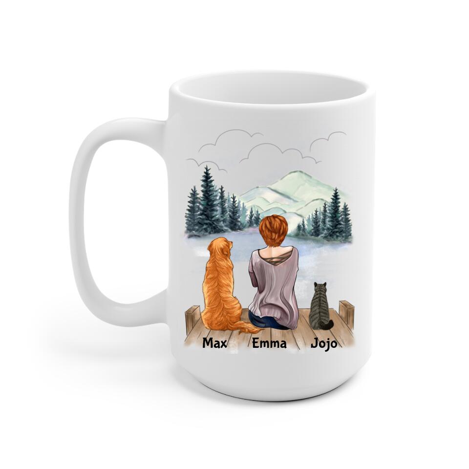 Girl and Dogs + Cats Personalized Mug - Name, skin, hair, cat, background, quote can be customized - Giftymize™️