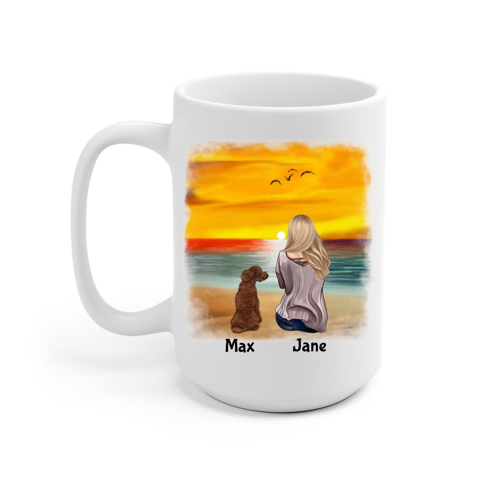 Girl and Dogs On The Beach Personalized Mug - Name, skin, hair, dog, quote, background can be customized - Giftymize™️
