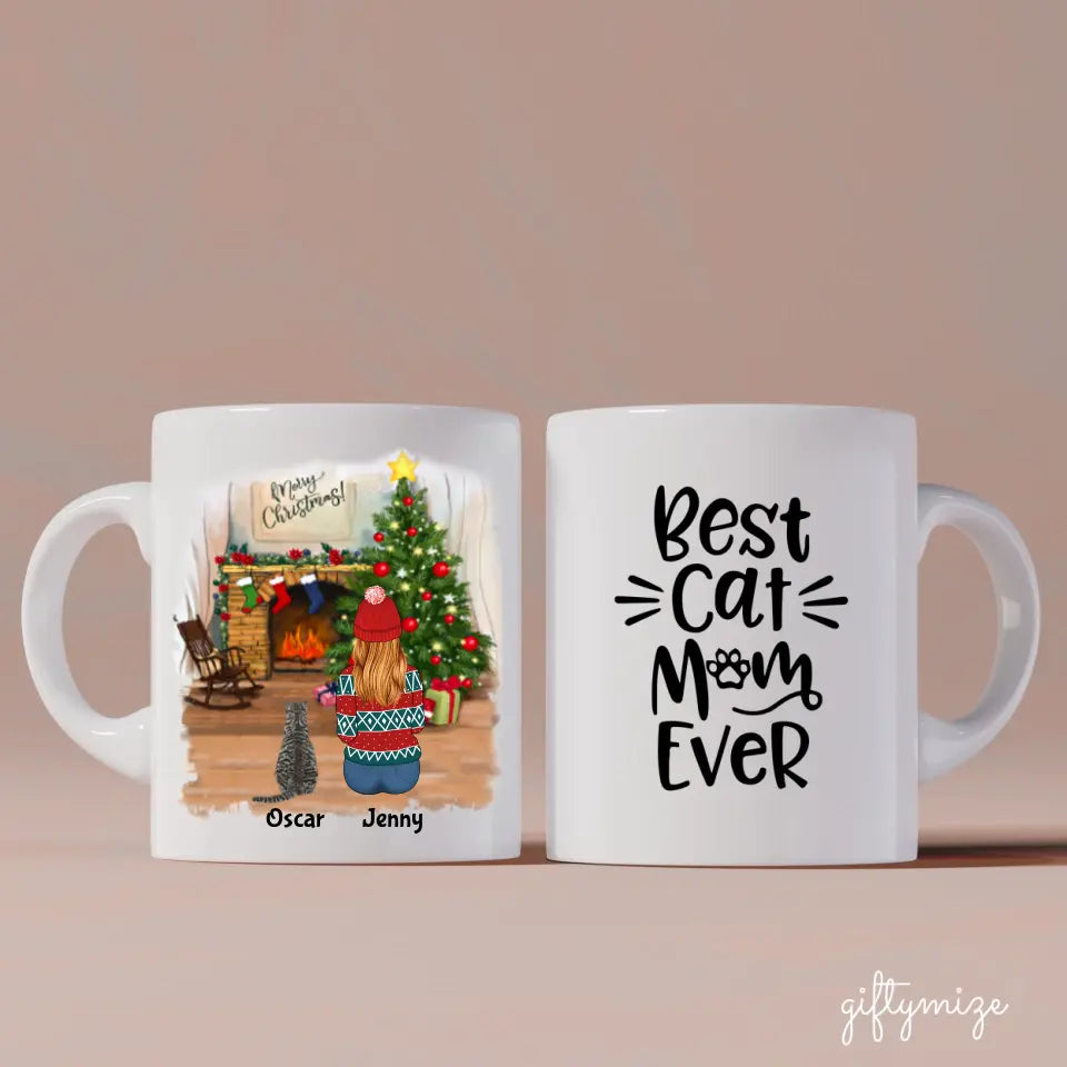 Girl and Cats Christmas Personalized Mug - Name, skin, hair, cat, background, quote can be customized - Giftymize™️