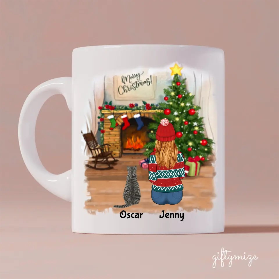 Girl and Cats Christmas Personalized Mug - Name, skin, hair, cat, background, quote can be customized - Giftymize™️
