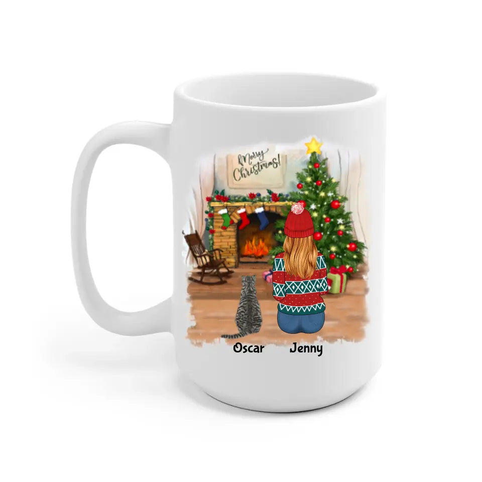 Girl and Cats Christmas Personalized Mug - Name, skin, hair, cat, background, quote can be customized - Giftymize™️