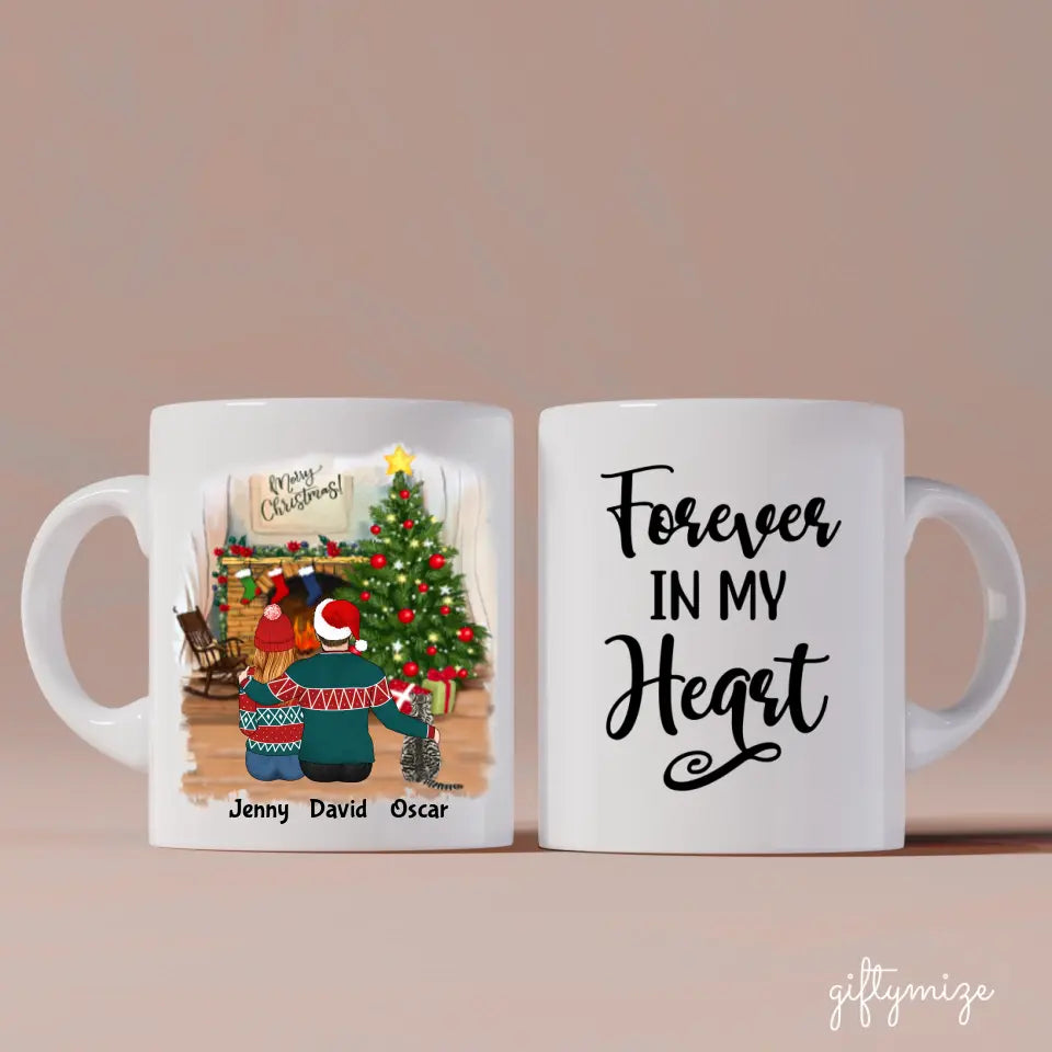 Man and Woman and Cats Christmas Personalized Mug - Name, skin, hair, cat, background, quote can be customized - Giftymize™️