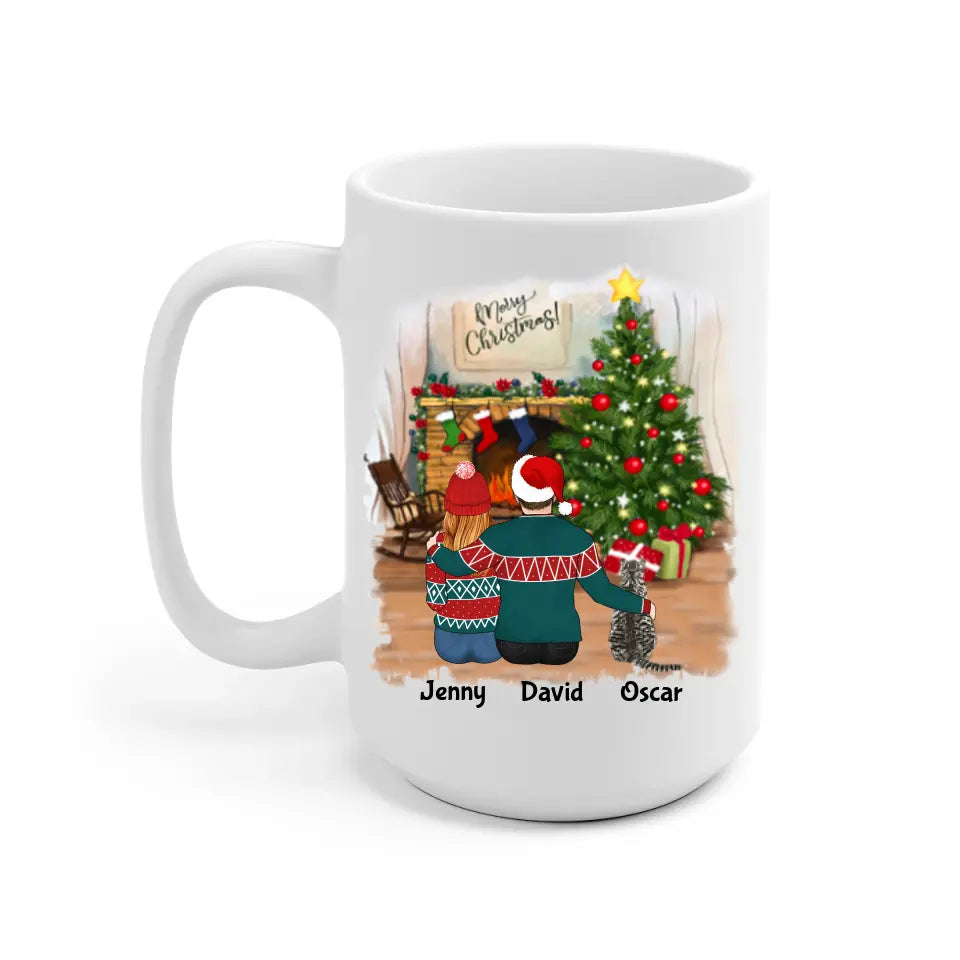 Man and Woman and Cats Christmas Personalized Mug - Name, skin, hair, cat, background, quote can be customized - Giftymize™️