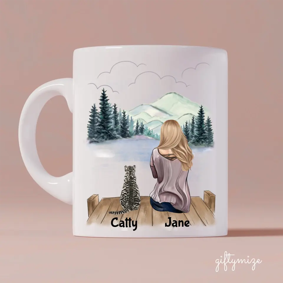 Girl and Cats Personalized Mug - Name, skin, hair, cat, background, quote can be customized - Giftymize™️