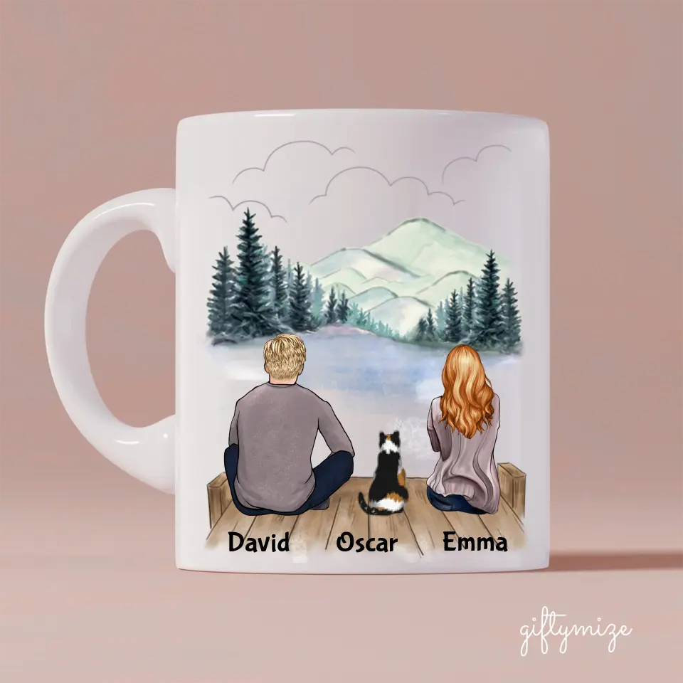 Man and Woman and Cats Personalized Mug - Name, skin, hair, cat, background, quote can be customized - Giftymize™️