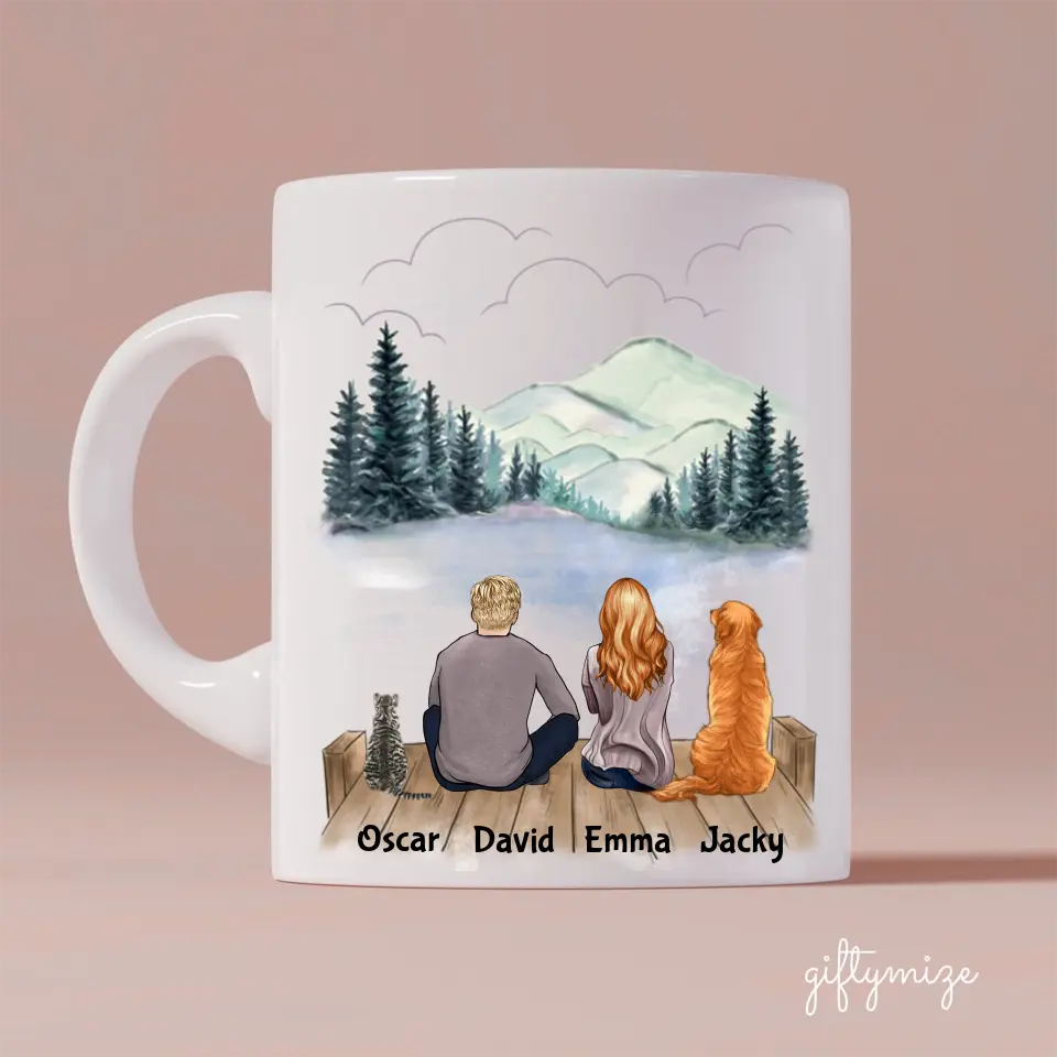 Man and Woman and Cats + Dogs Personalized Mug - Name, skin, hair, cat, background, quote can be customized - Giftymize™️
