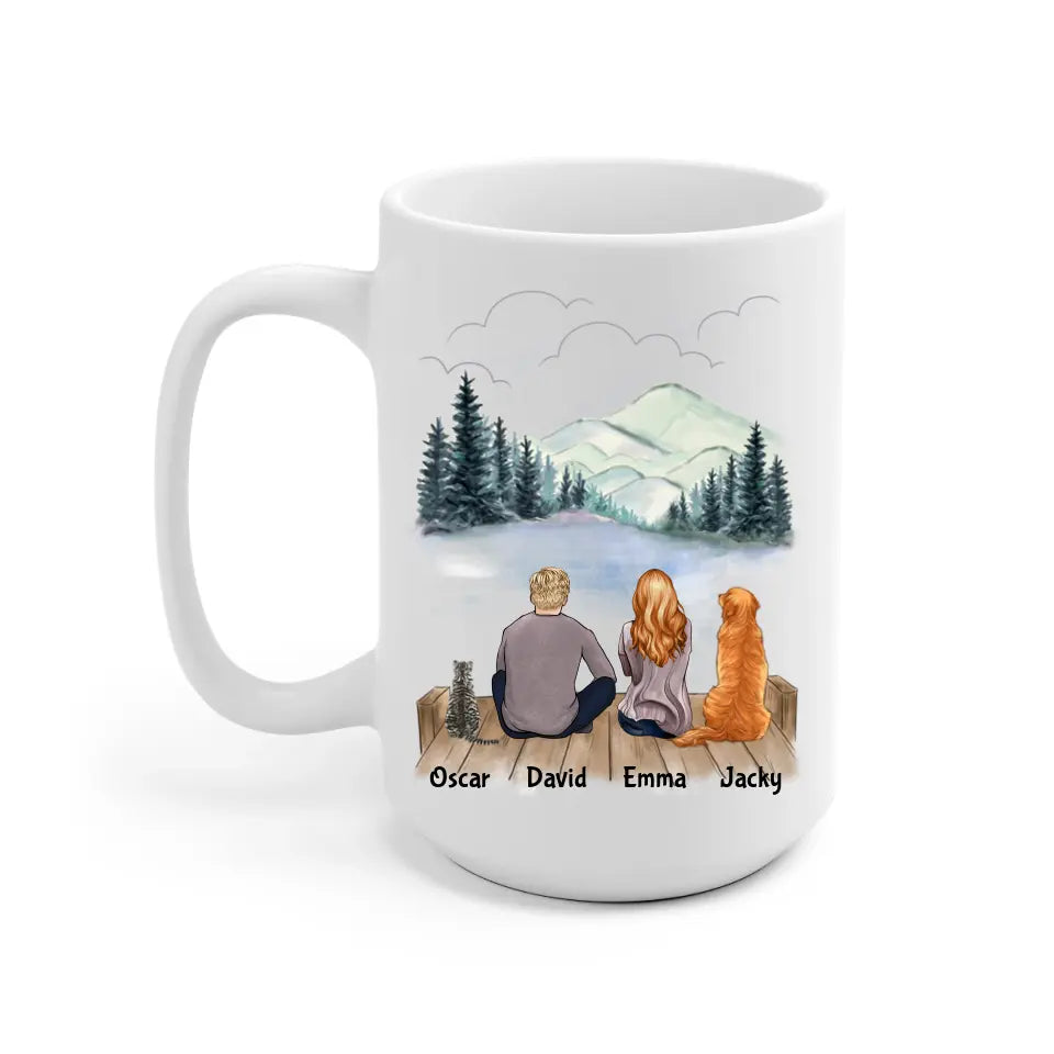 Man and Woman and Cats + Dogs Personalized Mug - Name, skin, hair, cat, background, quote can be customized - Giftymize™️