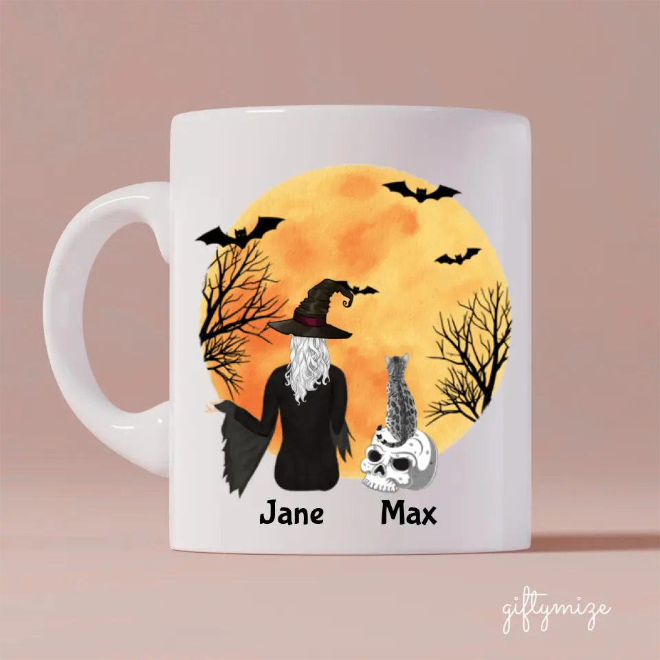 Witch Girl and Cat Personalized Mug - Name, skin, hair, cat, quote, background can be customized - Giftymize™️