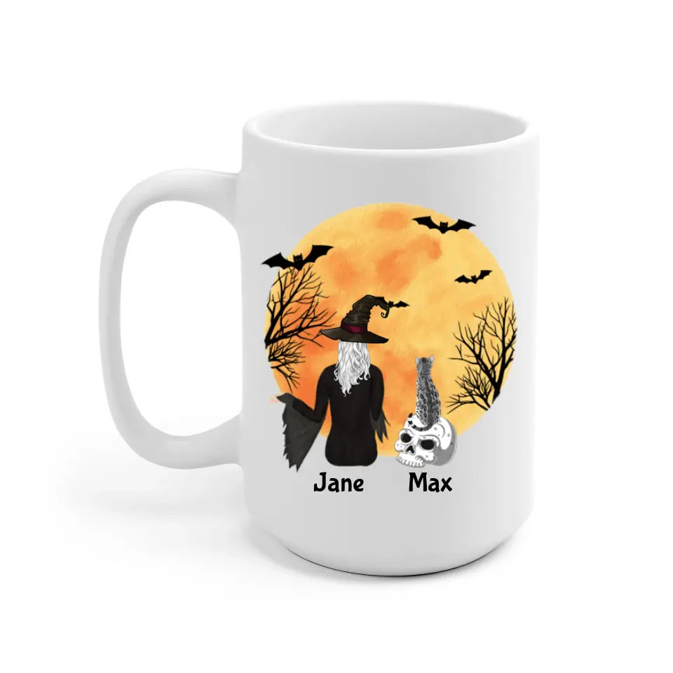 Witch Girl and Cat Personalized Mug - Name, skin, hair, cat, quote, background can be customized - Giftymize™️