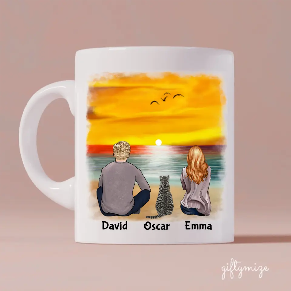 Couple & Cats on the Beach Personalized Mug - Name, skin, hair, cat, background, quote can be customized - Giftymize™️
