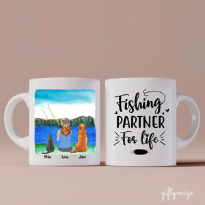 Fishing Woman with Cat and Dog Personalized Mug - Name, skin, hair, cat, dog, background, quote can be customized - Giftymize™️
