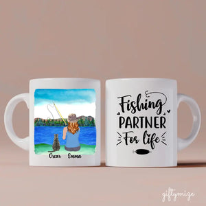 Fishing Woman and Cat Personalized Mug - Name, skin, hair, cat, background, quote can be customized - Giftymize™️