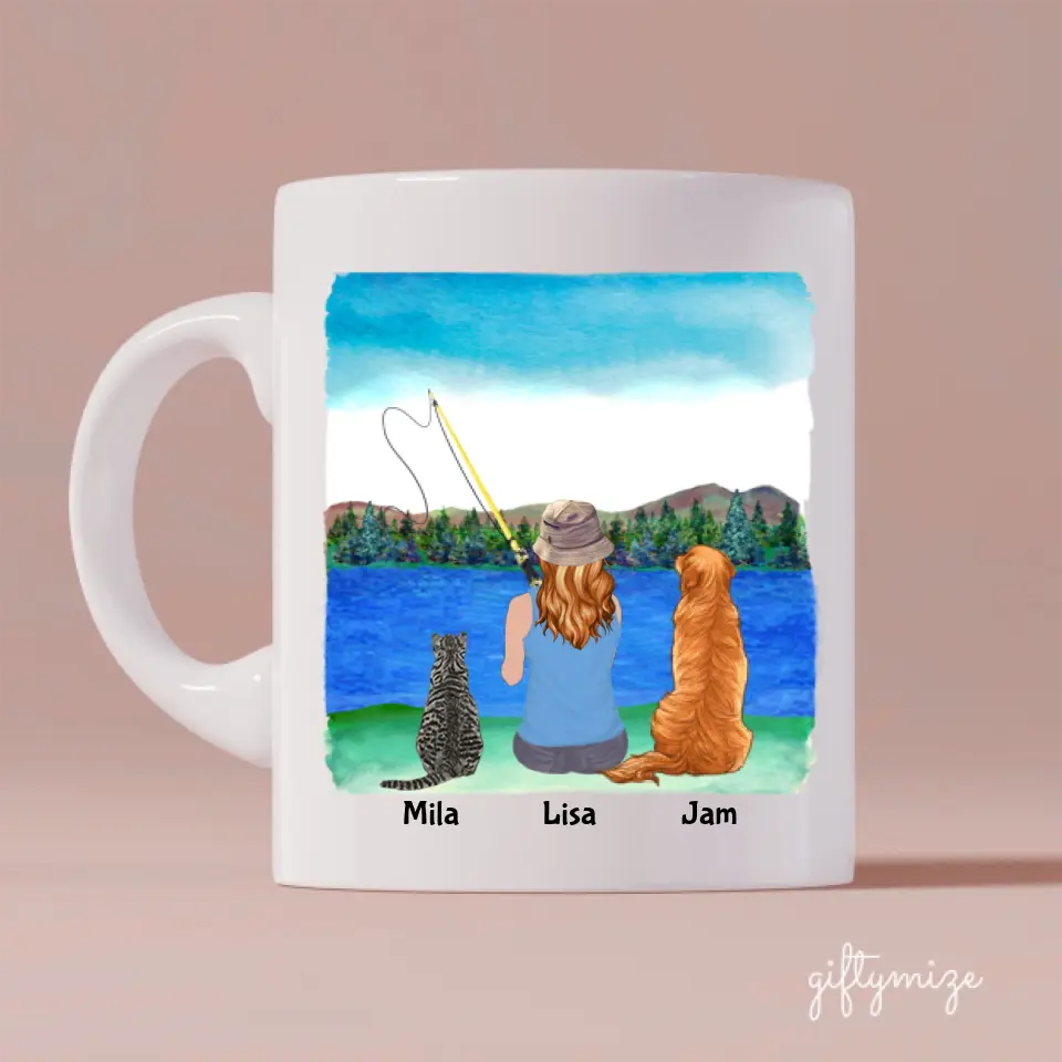 Fishing Woman with Cat and Dog Personalized Mug - Name, skin, hair, cat, dog, background, quote can be customized - Giftymize™️