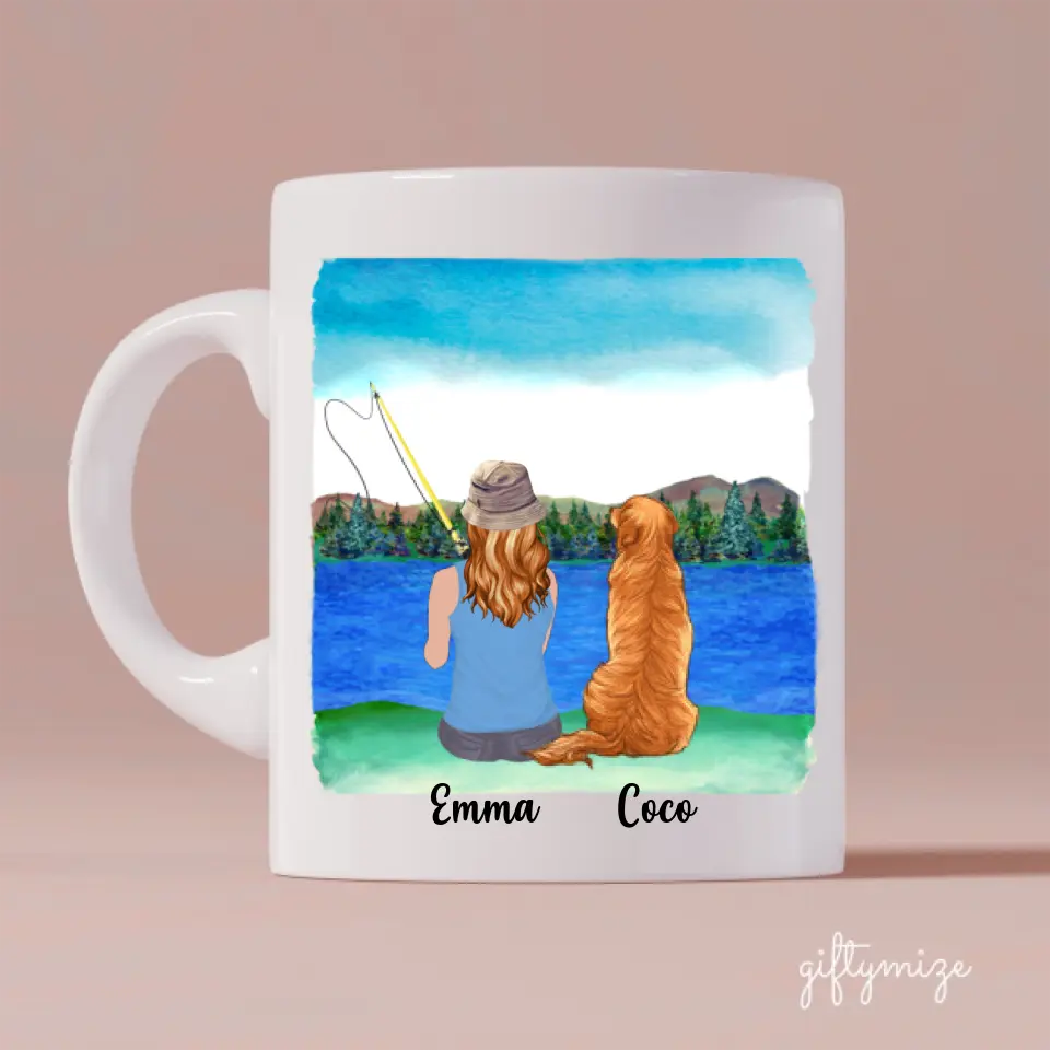 Fishing Woman and Dog Personalized Mug - Name, skin, hair, dog, background, quote can be customized - Giftymize™️