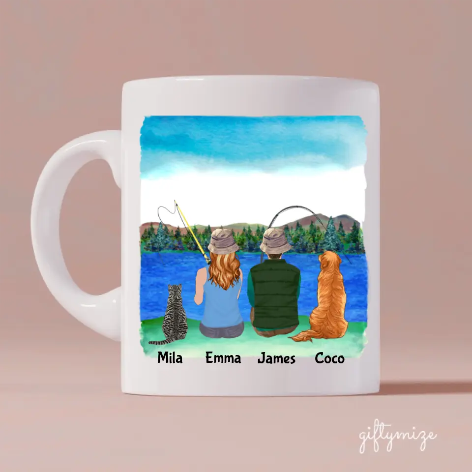 Fishing Couple with Cat and Dog Personalized Mug - Name, skin, hair, dog, cat, background, quote can be customized - Giftymize™️